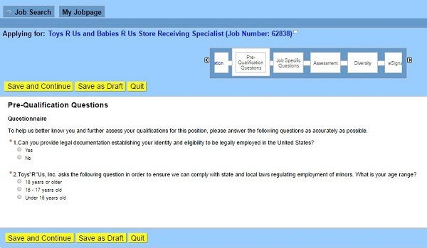 Screenshot of the Pre-Qualification Questions section of the Toys R Us application form