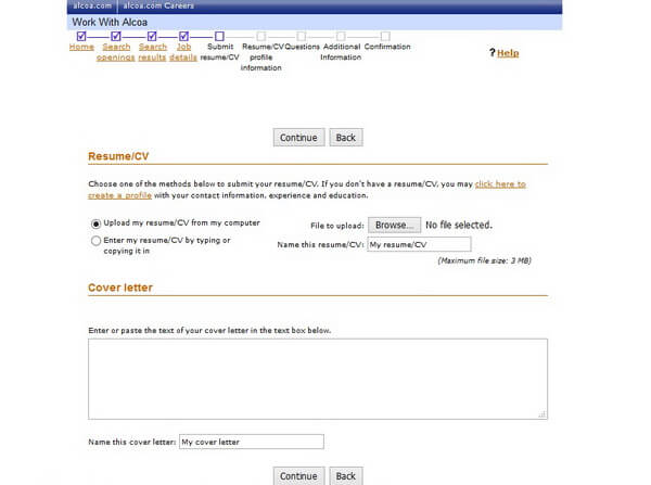 Screenshot of the Submit Resume section of the Alcoa application form