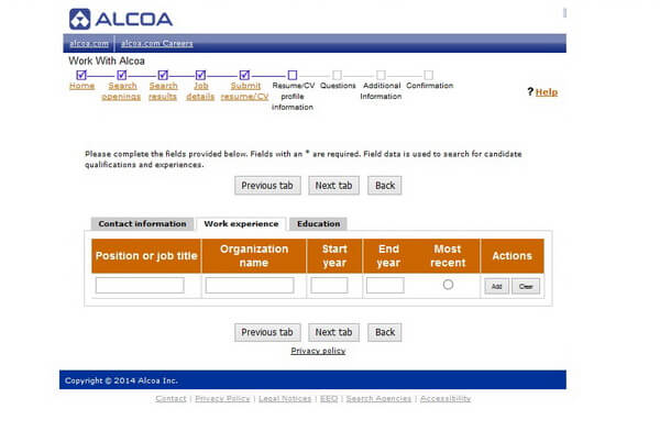 Screenshot of the Work Experience section of the Alcoa application form