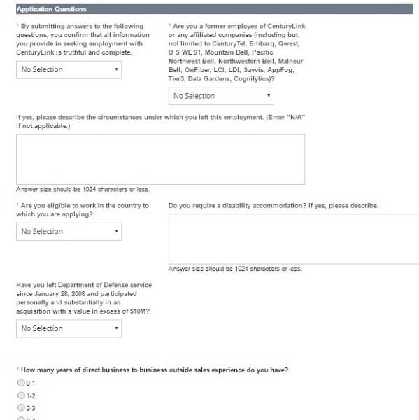 Screenshot of the application questions section of the CenturyLink application form