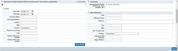 Screenshot of the candidate profile on the Goodyear application portal