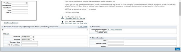 Screenshot of the main page of the Goodyear application form