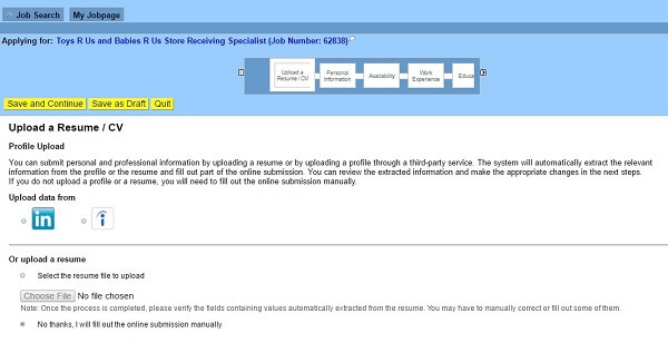 Screenshot of the main page of the Toys R Us application form