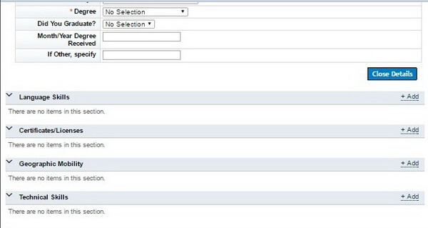 Screenshot of the main sections of the candidate profile on the Goodyear application portal