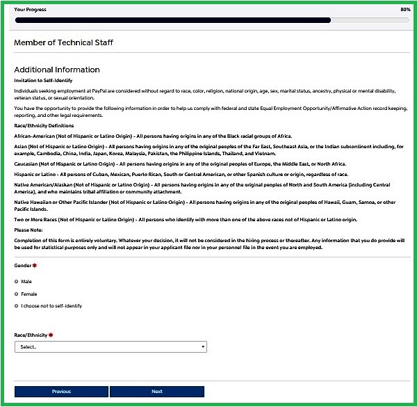 Screenshot of the Additional Information section of the PayPal application form