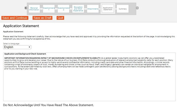 Screenshot of the Application Statement section in the First Data application form