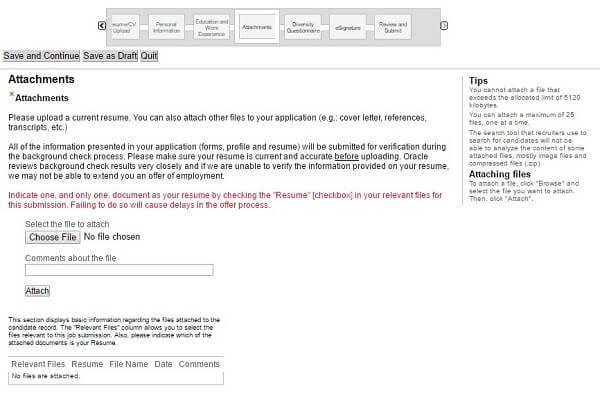 Screenshot of the Attachments section in the Oracle application form