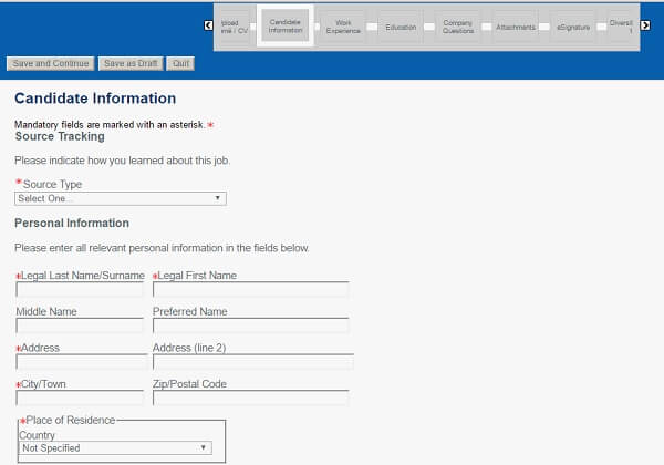 Screenshot of the Candidate Information section of the Baker Hughes Careers Application Form