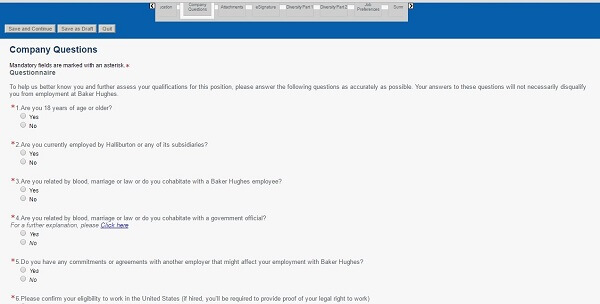 Screenshot of the Company Questions section of the Baker Hughes Careers Application Form