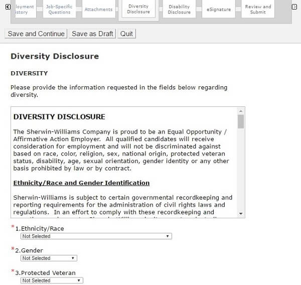 Screenshot of the Diversity Disclosure section in the Sherwin Williams application form