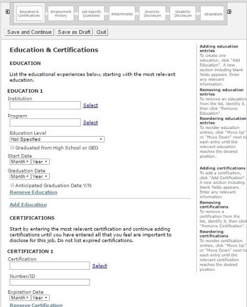 Screenshot of the Education and Certifications section in the Sherwin Williams application form