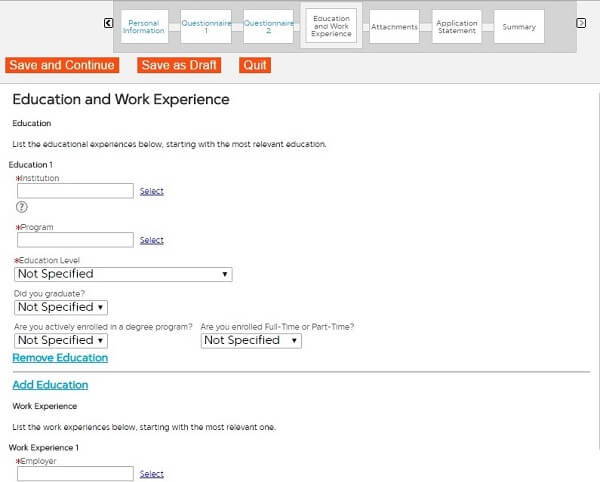 Screenshot of the Education and Work Experience section in the First Data application form