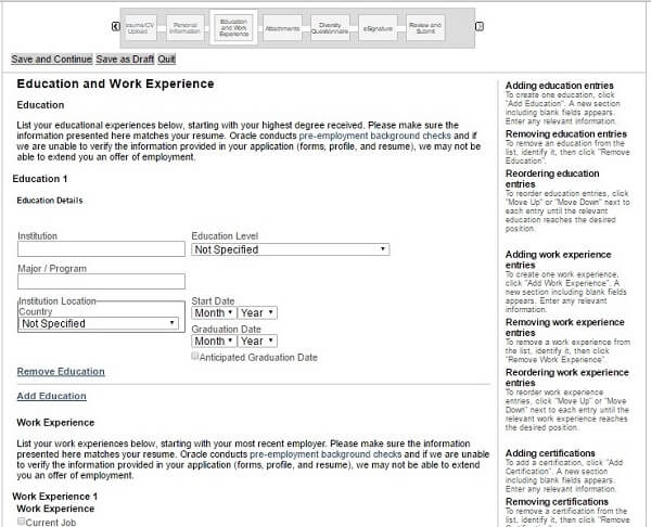 Screenshot of the Education and Work Experience section in the Oracle application form