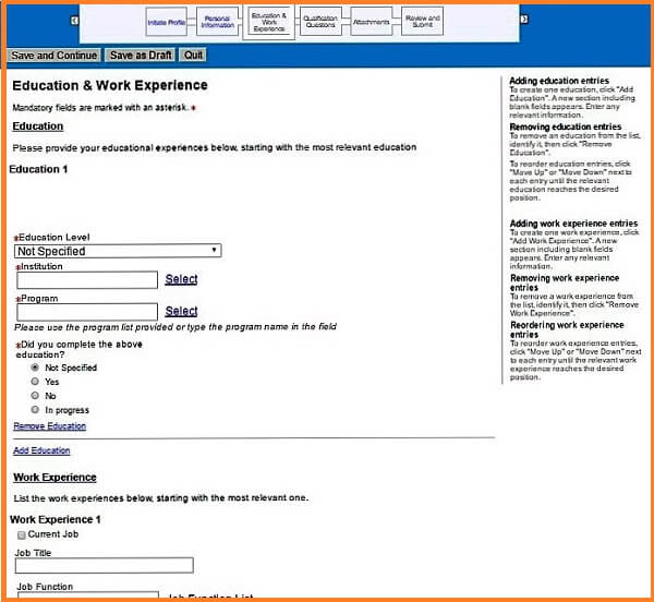 Screenshot of the Education and Work Experience section of the Phillip Morris careers application