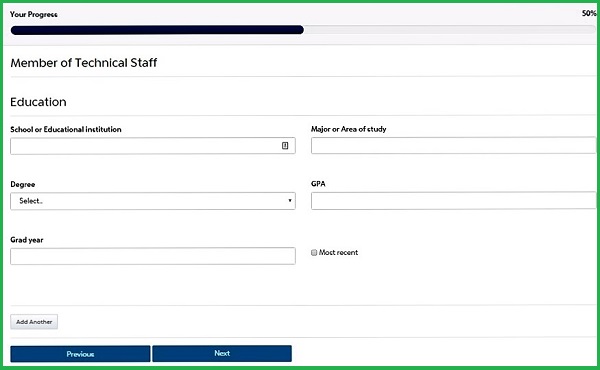 Screenshot of the Education section of the PayPal application form