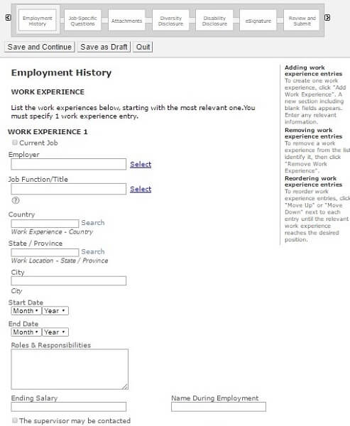 Screenshot of the Employment History section in the Sherwin Williams application form