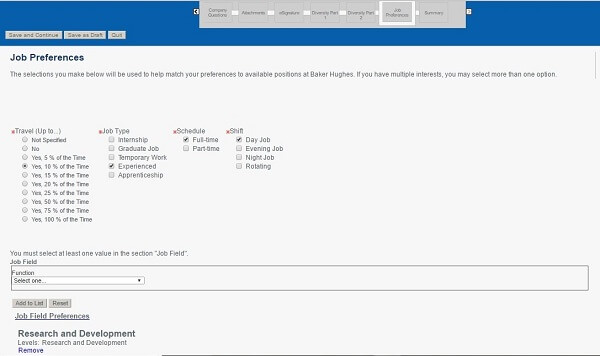 Screenshot of the Job Preferences section of the Baker Hughes Careers Application Form