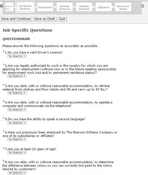 Screenshot of the Job-Specific Questions section in the Sherwin Williams application form