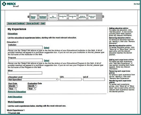 Screenshot of the My Experience section of the Merck careers application form