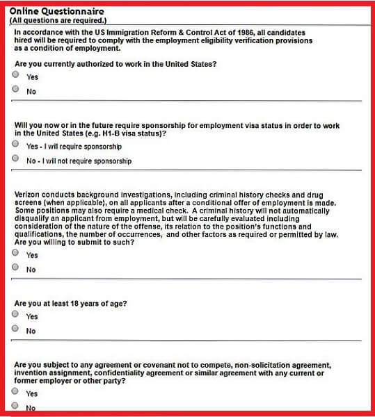 Screenshot of the Online Questionnaire section of the Verizon application form