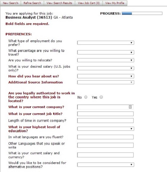 Screenshot of the Preferences Section of the Coca Cola Application Form