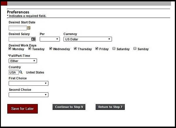 Screenshot of the Preferences section of the Verizon application form