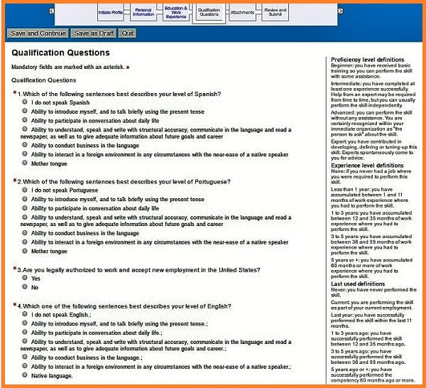 Screenshot of the Qualifications Questions section in the Phillip Morris careers application