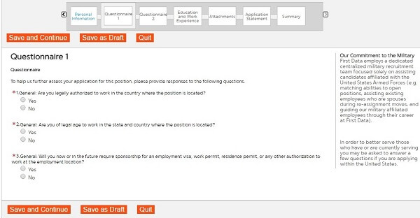 Screenshot of the Questionnaire 1 section in the First Data application form