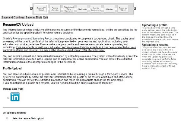 Screenshot of the Resume Upload section in the Oracle application form