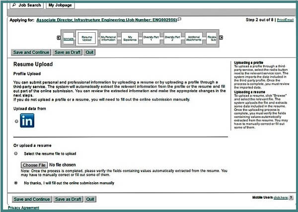 Screenshot of the Resume Upload section of the Merck careers application form