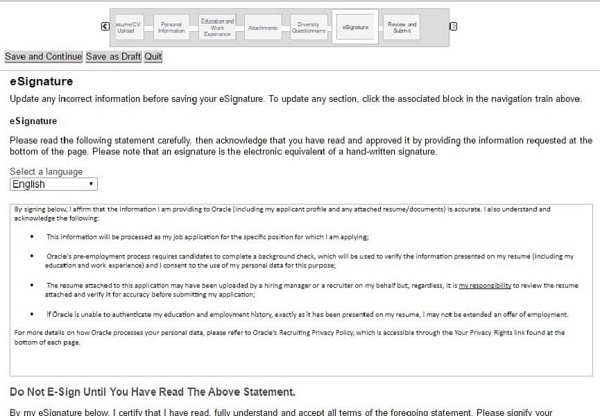 Screenshot of the e-Signature section in the Oracle application form