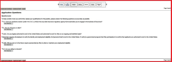 Screenshot of the Application Questionnaire section of the Aflac application form