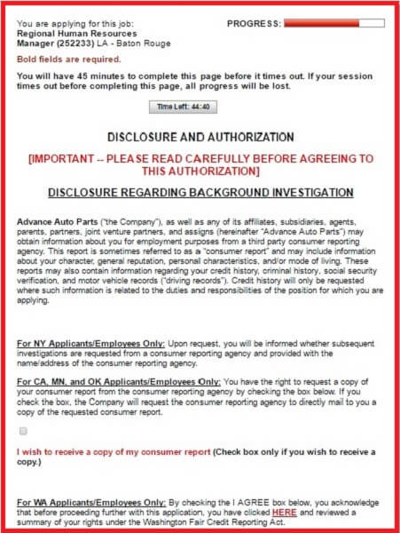 Screenshot of the Disclosure and Auhorization section of the Advance Auto Parts application form