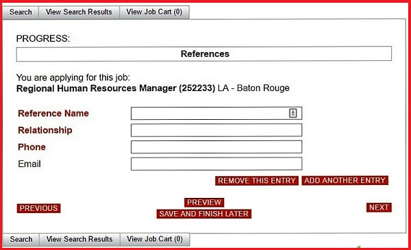 Screenshot of the References section of the Advance Auto Parts application form