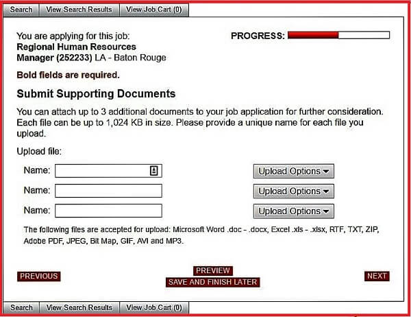 Screenshot of the Supporting Documents section of the Advance Auto Parts application form