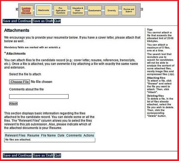 The Attachments section of the Citigroup Careers Application Form