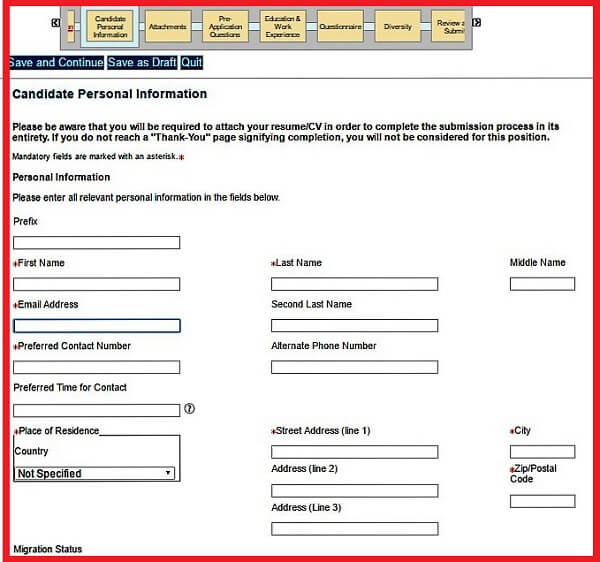 The Candidate Personal Information section of the Citigroup Careers Application Form