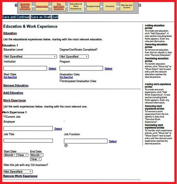 The Education & Work Experience section of the Citigroup Careers Application Form