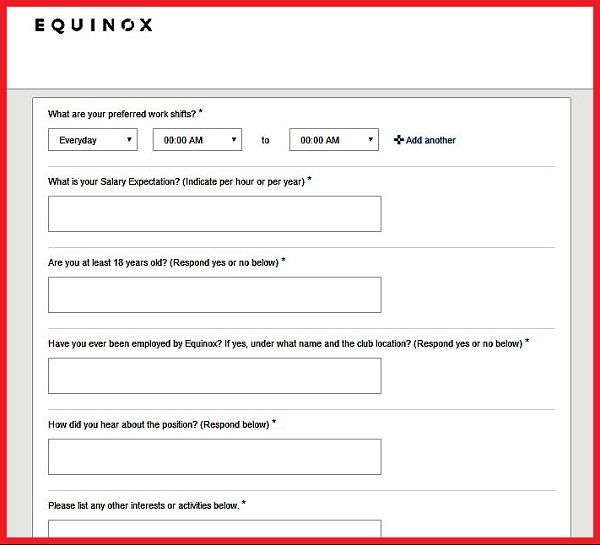 Screenshot of the Questionnaire in the Equinox Careers Application Form for Club Positions