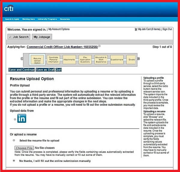 The Resume Upload section of the Citigroup Careers Application Form