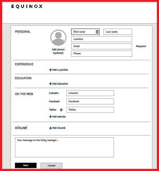 Screenshot of the main page of the Equinox Careers Application Form for Club Positions