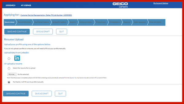 Screenshot of the main page of the Geico careers application