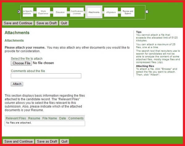 Screenshot of the Attachments Section of the Humana Careers Form