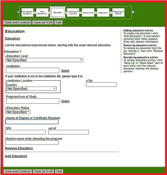 Screenshot of the Education Section of the Humana Careers Form