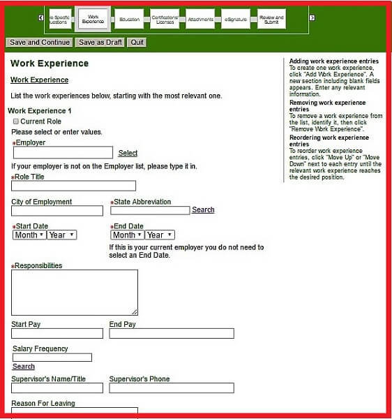 Screenshot of the Work Experience Section of the Humana Careers Form