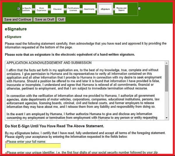 Screenshot of the eSignature Section of the Humana Careers Form