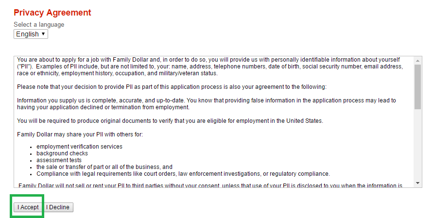family dollar privacy agreement screenshot