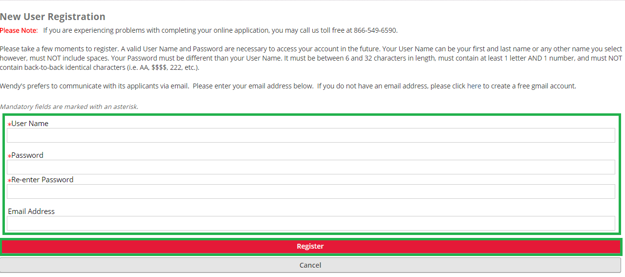 wendys new user registration screenshot