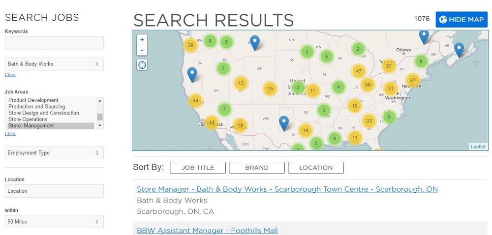 bath and body works job search section screenshot
