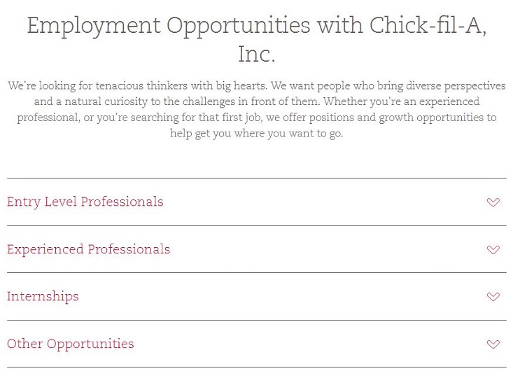 screenshot of employment opportunities at Chick Fil A